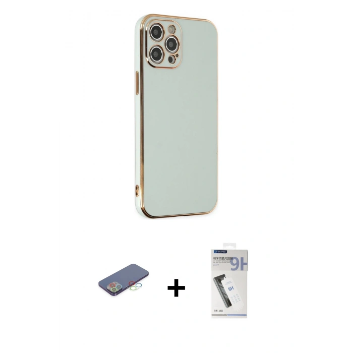MARSİLYAN™- iPhone 12 Pro Max Kılıf Yankı Serisi - Şeffaf Uv Polymer Nano Ekran Koruyucu + Renkli Kamera Lens Koruma Cam - MI