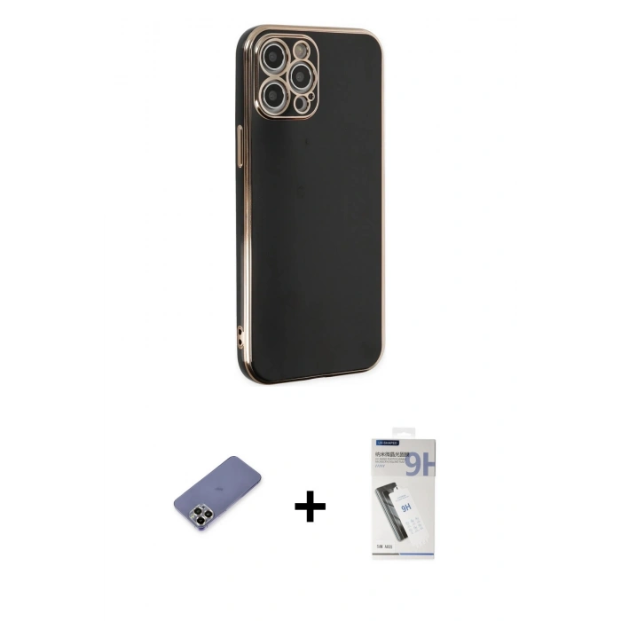 MARSİLYAN™- iPhone 12 Pro Max Kılıf Yankı Serisi - Şeffaf Uv Polymer Nano Ekran Koruyucu + Metal Kamera Lens Koruma Cam - GD