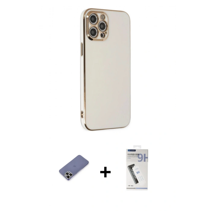 MARSİLYAN™- iPhone 12 Pro Max Kılıf Yankı Serisi - Şeffaf Uv Polymer Nano Ekran Koruyucu + Metal Kamera Lens Koruma Cam - GD