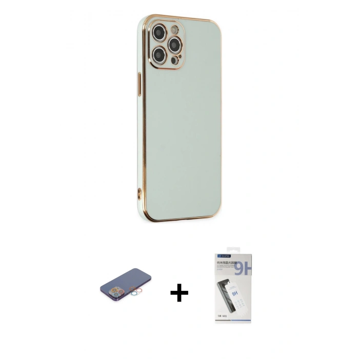 MARSİLYAN™- iPhone 12 Pro Max Kılıf Yankı Serisi - Şeffaf Uv Polymer Nano Ekran Koruyucu + Renkli Kamera Lens Koruma Cam - PE