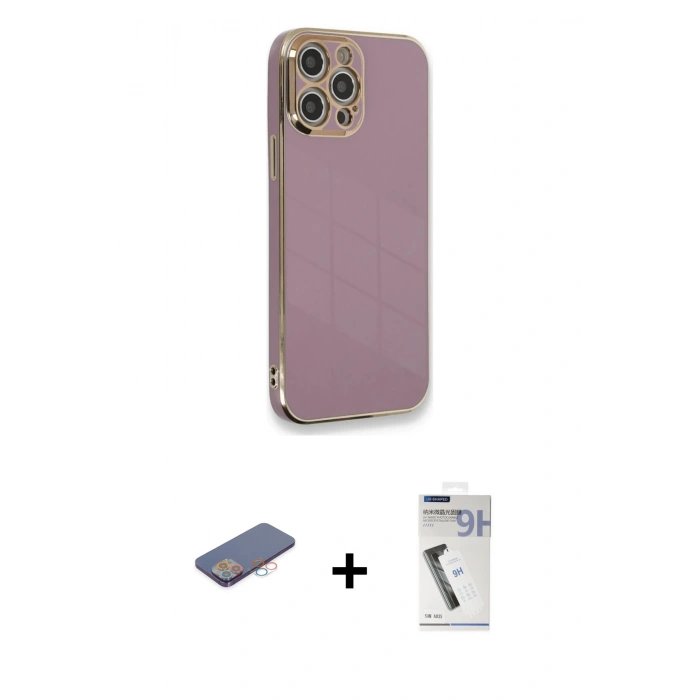 MARSİLYAN™- iPhone 12 Pro Max Kılıf Yankı Serisi - Şeffaf Uv Polymer Nano Ekran Koruyucu + Renkli Kamera Lens Koruma Cam - PE