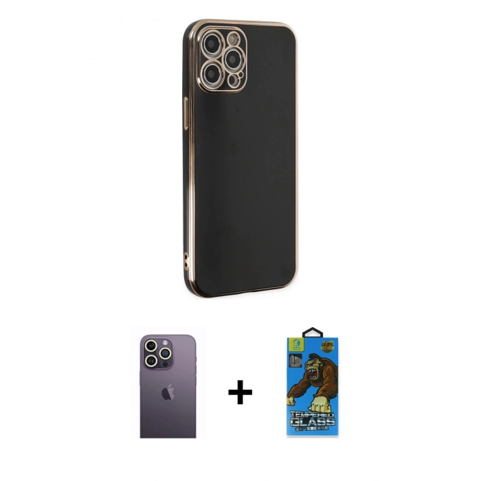 MARSİLYAN™- iPhone 12 Pro Max Kılıf Yankı Serisi - Siyah 18D Cam Ekran Koruyucu + Neon Fosforlu Kamera Lens - BZ