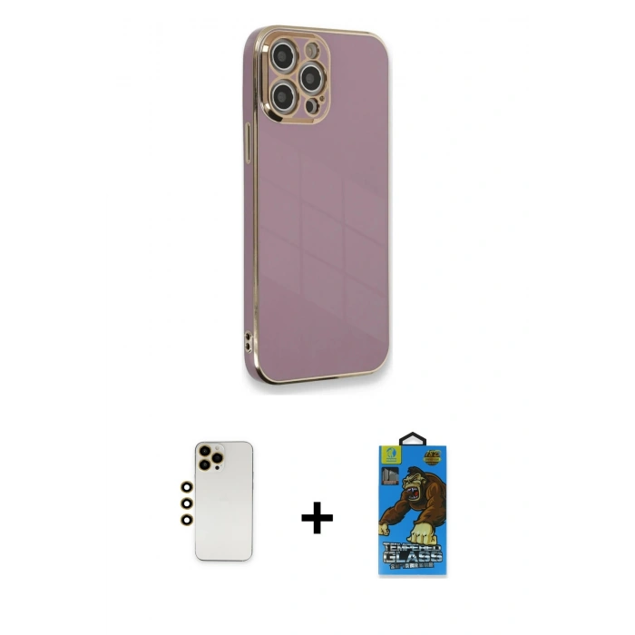 MARSİLYAN™- iPhone 12 Pro Max Kılıf Yankı Serisi - Siyah 18D Cam Ekran Koruyucu + Shine Kamera Lens - GD