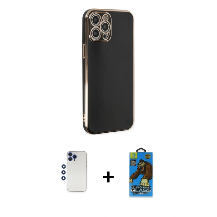 MARSİLYAN™- iPhone 12 Pro Max Kılıf Yankı Serisi - Siyah 18D Cam Ekran Koruyucu + Shine Kamera Lens - LT