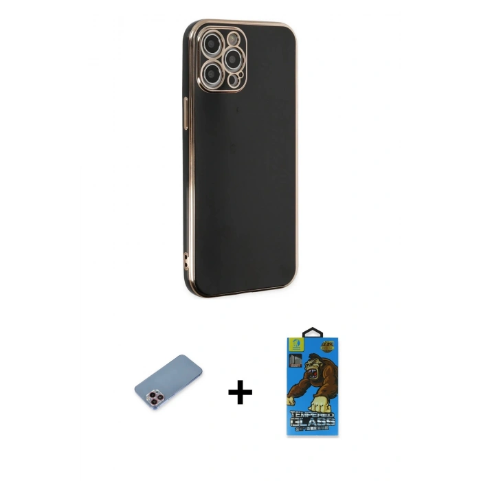 MARSİLYAN™- iPhone 12 Pro Max Kılıf Yankı Serisi - Siyah 18D Cam Ekran Koruyucu + Pembe Shine Kamera Lens Koruma Cam