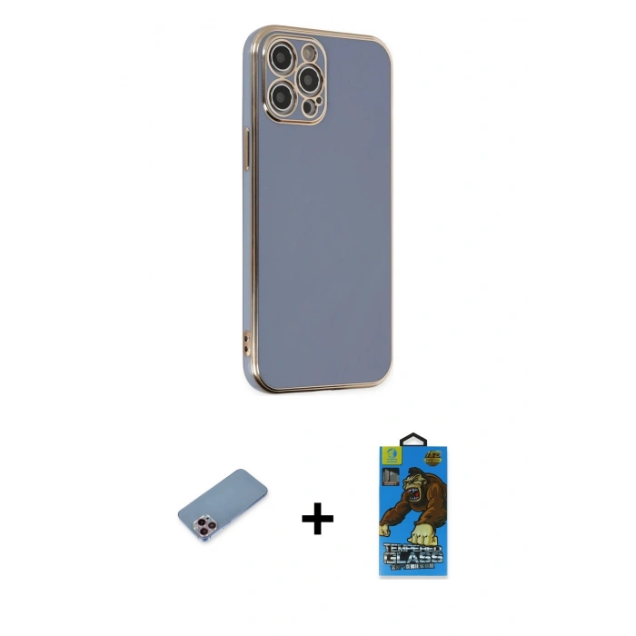 MARSİLYAN™- iPhone 12 Pro Max Kılıf Yankı Serisi - Siyah 18D Cam Ekran Koruyucu + Pembe Shine Kamera Lens Koruma Cam