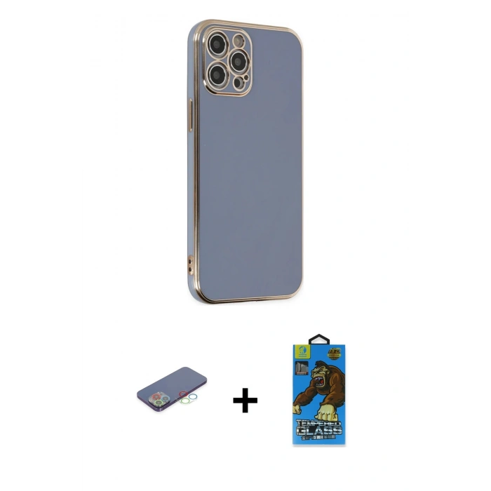 MARSİLYAN™- iPhone 12 Pro Max Kılıf Yankı Serisi - Siyah 18D Cam Ekran Koruyucu + Renkli Kamera Lens Koruma Cam - MI
