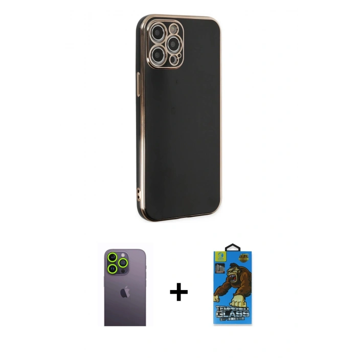 MARSİLYAN™- iPhone 12 Pro Max Kılıf Yankı Serisi - Siyah 18D Cam Ekran Koruyucu + Neon Fosforlu Kamera Lens - YL