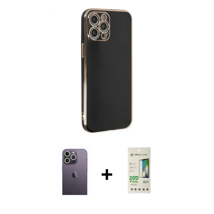 MARSİLYAN™- iPhone 12 Pro Max Kılıf Yankı Serisi - Siyah 20D Premium Cam Ekran Koruyucu + Neon Fosforlu Kamera Lens - BZ