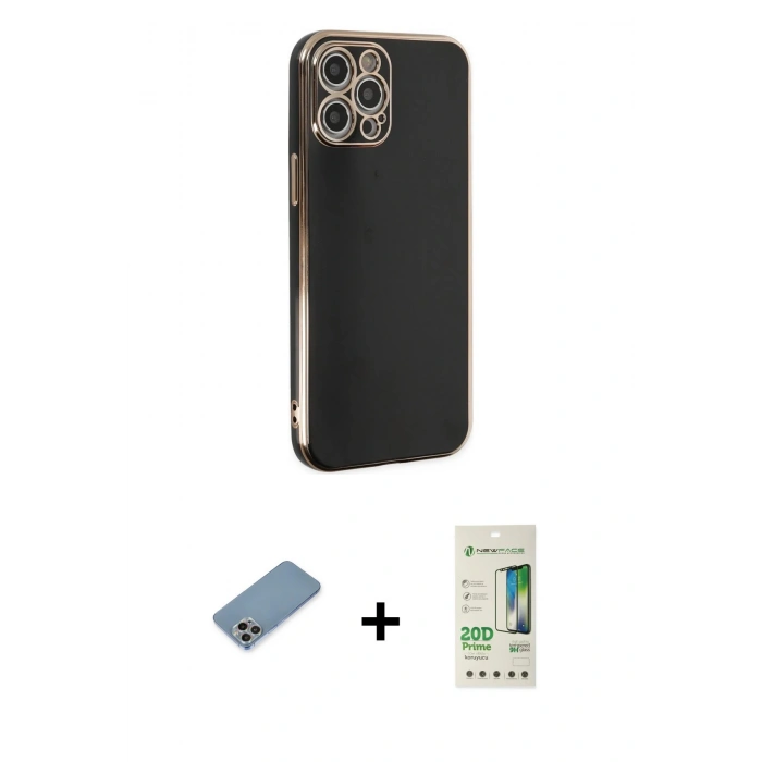 MARSİLYAN™- iPhone 12 Pro Max Kılıf Yankı Serisi - Siyah 20D Premium Cam Ekran Koruyucu + Shine Kamera Lens Koruma Cam - GI
