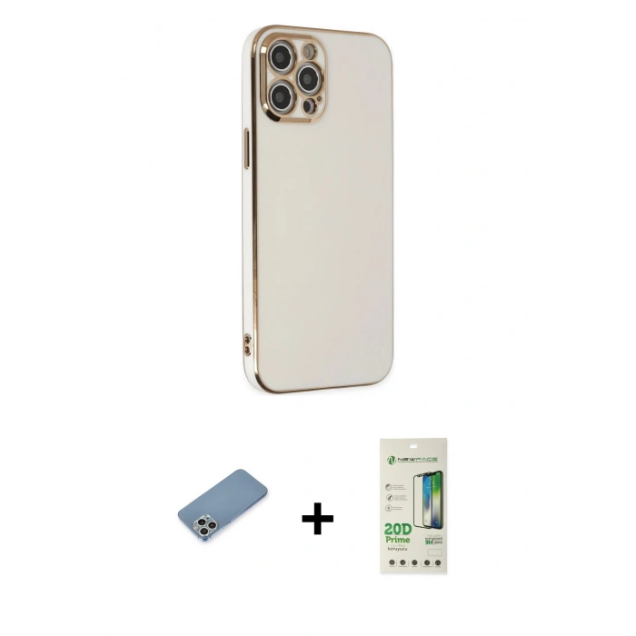 MARSİLYAN™- iPhone 12 Pro Max Kılıf Yankı Serisi - Siyah 20D Premium Cam Ekran Koruyucu + Gümüş Shine Kamera Lens Koruma Cam
