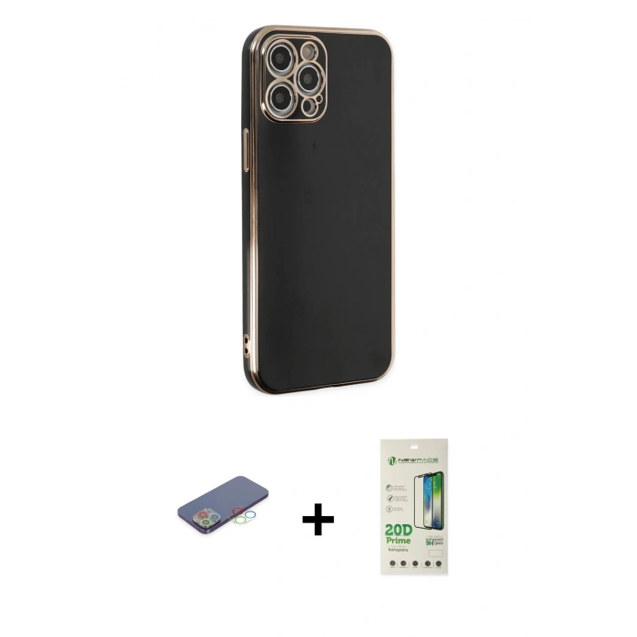 MARSİLYAN™- iPhone 12 Pro Max Kılıf Yankı Serisi - Siyah 20D Premium Cam Ekran Koruyucu + Renkli Kamera Lens Koruma Cam - MI