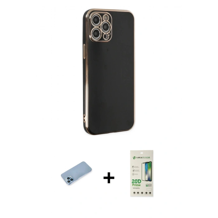 MARSİLYAN™- iPhone 12 Pro Max Kılıf Yankı Serisi - Siyah 20D Premium Cam Ekran Koruyucu + Shine Kamera Lens Koruma Cam - MI