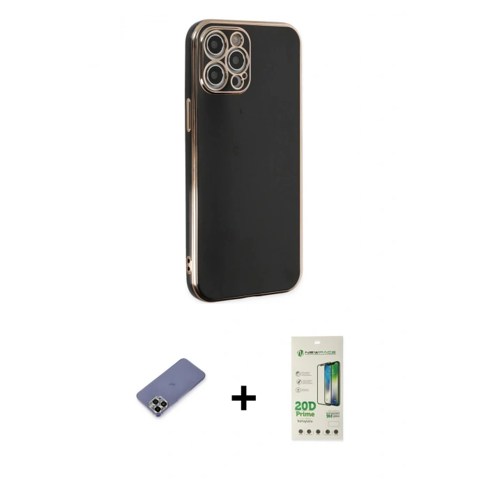 MARSİLYAN™- iPhone 12 Pro Max Kılıf Yankı Serisi - Siyah 20D Premium Cam Ekran Koruyucu + Metal Kamera Lens Koruma Cam - GD