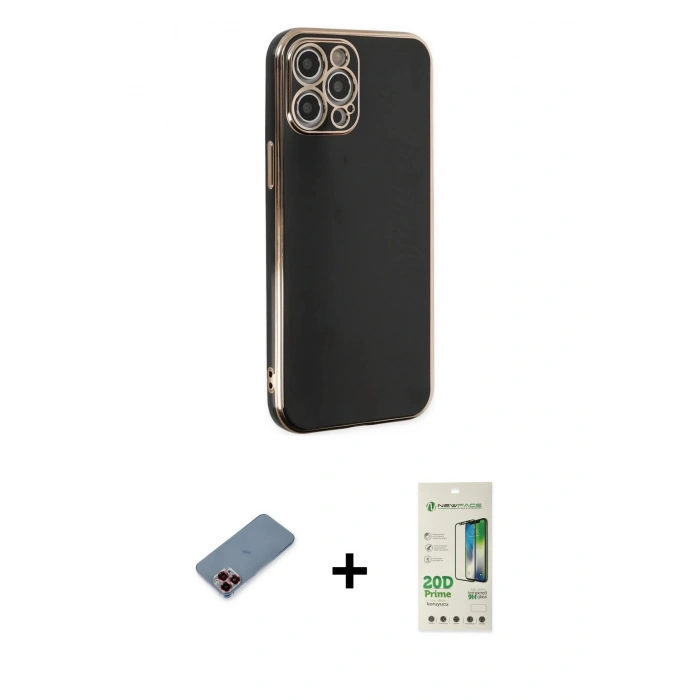 MARSİLYAN™- iPhone 12 Pro Max Kılıf Yankı Serisi - Siyah 20D Premium Cam Ekran Koruyucu + Metal Kamera Lens Koruma Cam - KI
