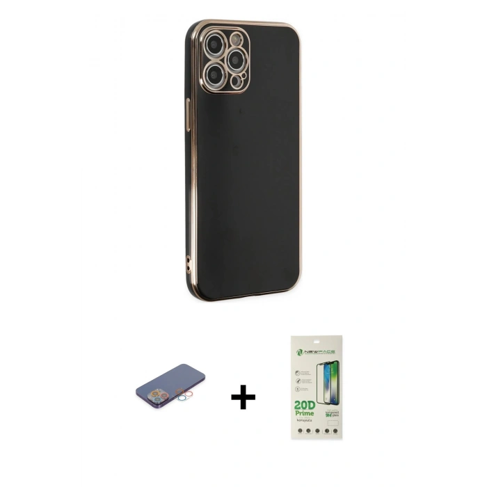 MARSİLYAN™- iPhone 12 Pro Max Kılıf Yankı Serisi - Siyah 20D Premium Cam Ekran Koruyucu + Renkli Kamera Lens Koruma Cam - PE