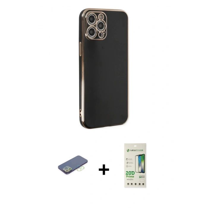 MARSİLYAN™- iPhone 12 Pro Max Kılıf Yankı Serisi - Siyah 20D Premium Cam Ekran Koruyucu + Renkli Kamera Lens Koruma Cam - YL