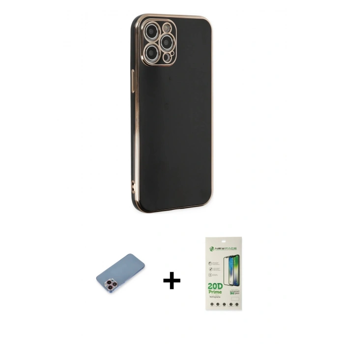 MARSİLYAN™- iPhone 12 Pro Max Kılıf Yankı Serisi - Siyah 20D Premium Cam Ekran Koruyucu + Shine Kamera Lens Koruma Cam - PE