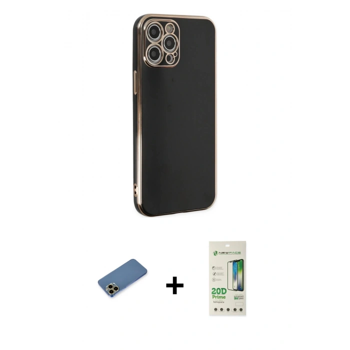 MARSİLYAN™- iPhone 12 Pro Max Kılıf Yankı Serisi - Siyah 20D Premium Cam Ekran Koruyucu + Shine Kamera Lens Koruma Cam - GD