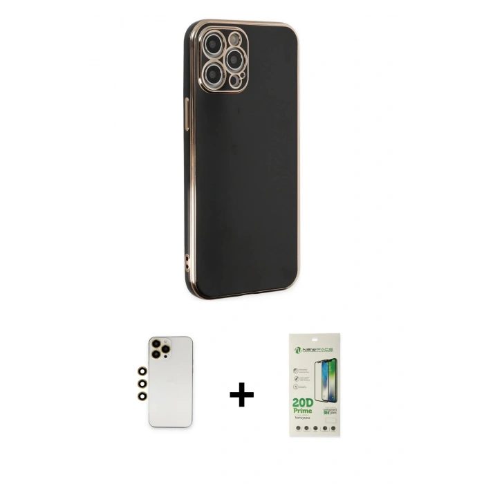 MARSİLYAN™- iPhone 12 Pro Max Kılıf Yankı Serisi - Siyah 20D Premium Cam Ekran Koruyucu + Shine Kamera Lens - GD