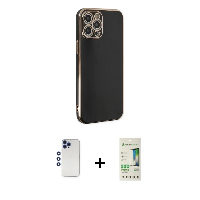 MARSİLYAN™- iPhone 12 Pro Max Kılıf Yankı Serisi - Siyah 20D Premium Cam Ekran Koruyucu + Shine Kamera Lens - LT