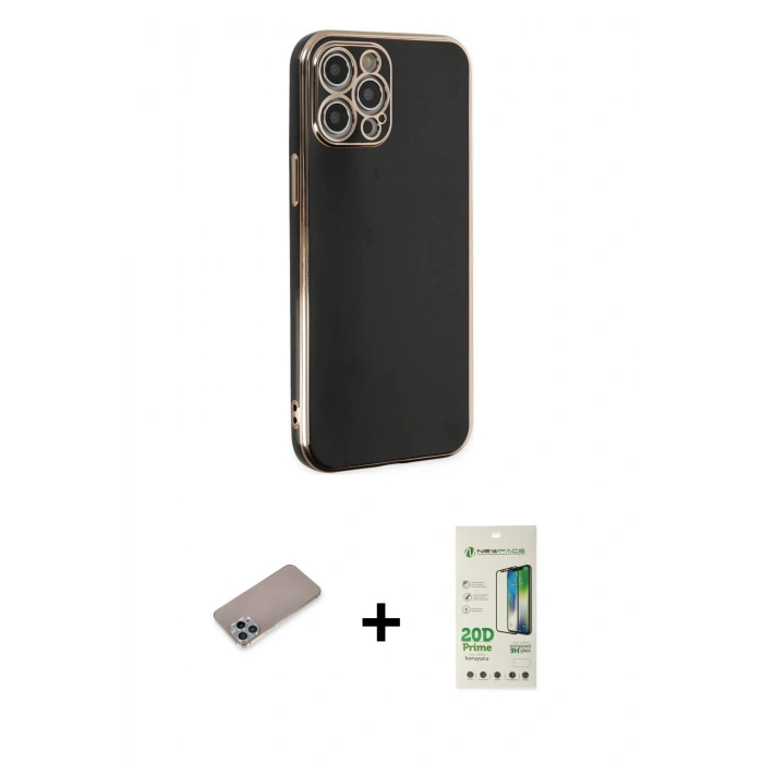 MARSİLYAN™- iPhone 12 Pro Max Kılıf Yankı Serisi - Siyah 20D Premium Cam Ekran Koruyucu + Shine Kamera Lens Koruma Cam - SABE