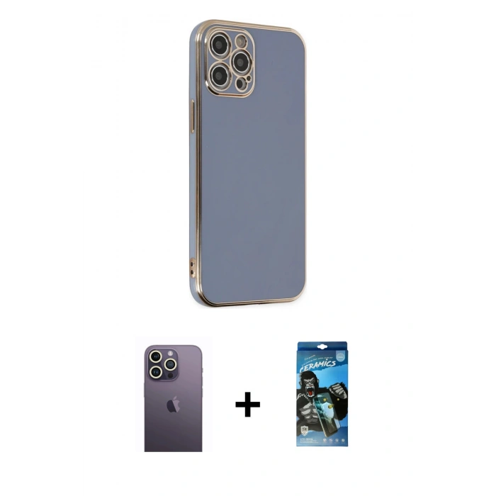 MARSİLYAN™- iPhone 12 Pro Max Kılıf Yankı Serisi - Siyah 34D Izgaralı Cam + Neon Fosforlu Kamera Lens - BZ