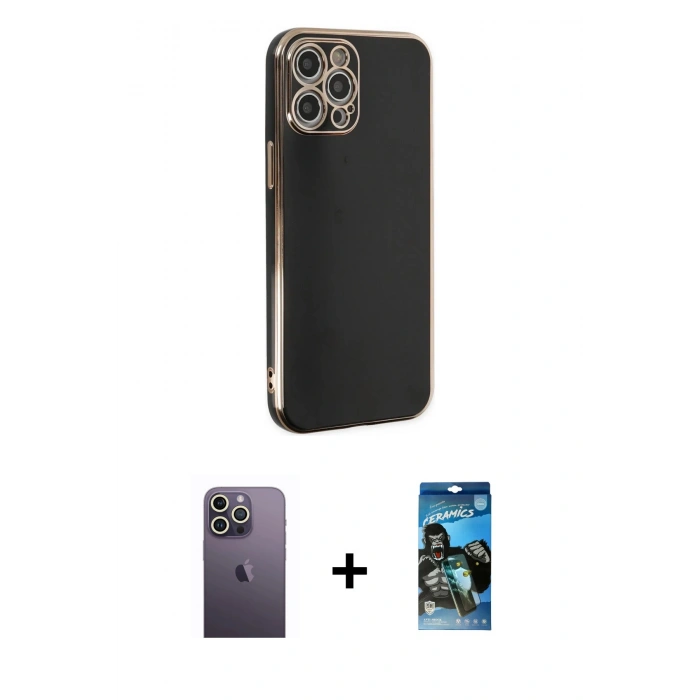 MARSİLYAN™- iPhone 12 Pro Max Kılıf Yankı Serisi - Siyah 34D Izgaralı Cam + Neon Fosforlu Kamera Lens - BZ