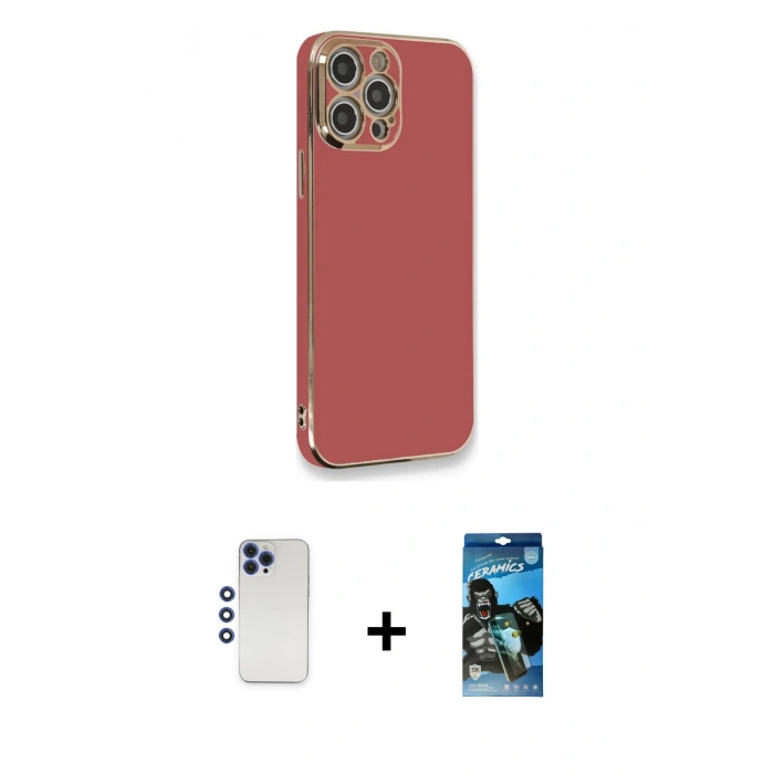 MARSİLYAN™- iPhone 12 Pro Max Kılıf Yankı Serisi - Siyah 34D Izgaralı Cam + Shine Kamera Lens - LT