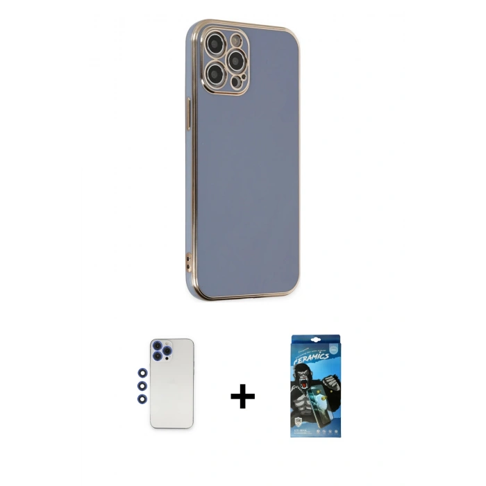 MARSİLYAN™- iPhone 12 Pro Max Kılıf Yankı Serisi - Siyah 34D Izgaralı Cam + Shine Kamera Lens - LT