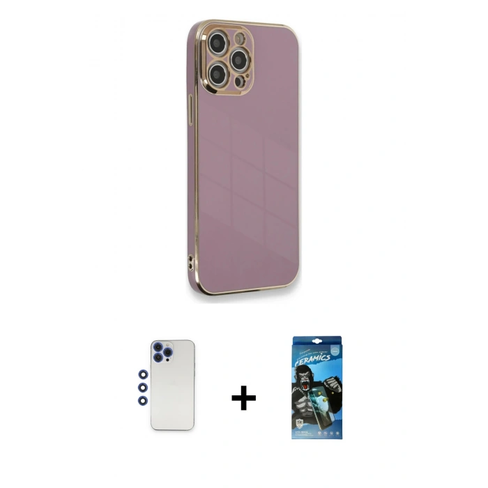 MARSİLYAN™- iPhone 12 Pro Max Kılıf Yankı Serisi - Siyah 34D Izgaralı Cam + Shine Kamera Lens - LT