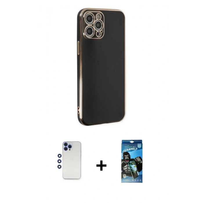 MARSİLYAN™- iPhone 12 Pro Max Kılıf Yankı Serisi - Siyah 34D Izgaralı Cam + Shine Kamera Lens - LT