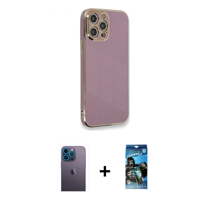 MARSİLYAN™- iPhone 12 Pro Max Kılıf Yankı Serisi - Siyah 34D Izgaralı Cam + Neon Fosforlu Kamera Lens - MI