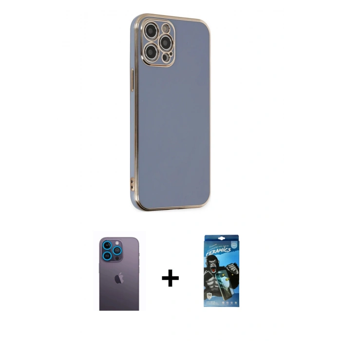 MARSİLYAN™- iPhone 12 Pro Max Kılıf Yankı Serisi - Siyah 34D Izgaralı Cam + Neon Fosforlu Kamera Lens - MI