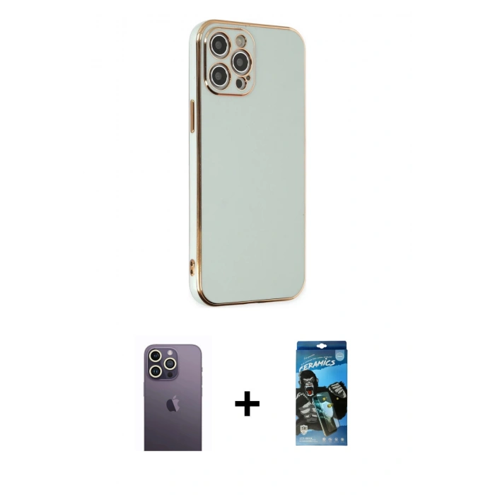 MARSİLYAN™- iPhone 12 Pro Max Kılıf Yankı Serisi - Siyah 34D Izgaralı Cam + Neon Fosforlu Kamera Lens - BZ