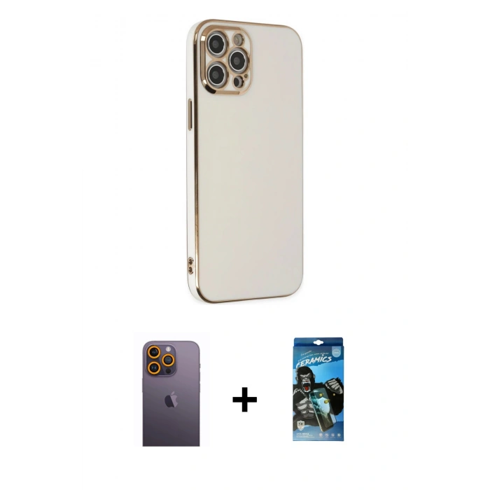 MARSİLYAN™- iPhone 12 Pro Max Kılıf Yankı Serisi - Siyah 34D Izgaralı Cam + Neon Fosforlu Kamera Lens - SI