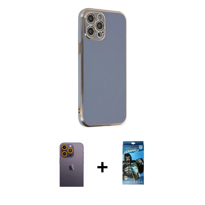 MARSİLYAN™- iPhone 12 Pro Max Kılıf Yankı Serisi - Siyah 34D Izgaralı Cam + Neon Fosforlu Kamera Lens - SI