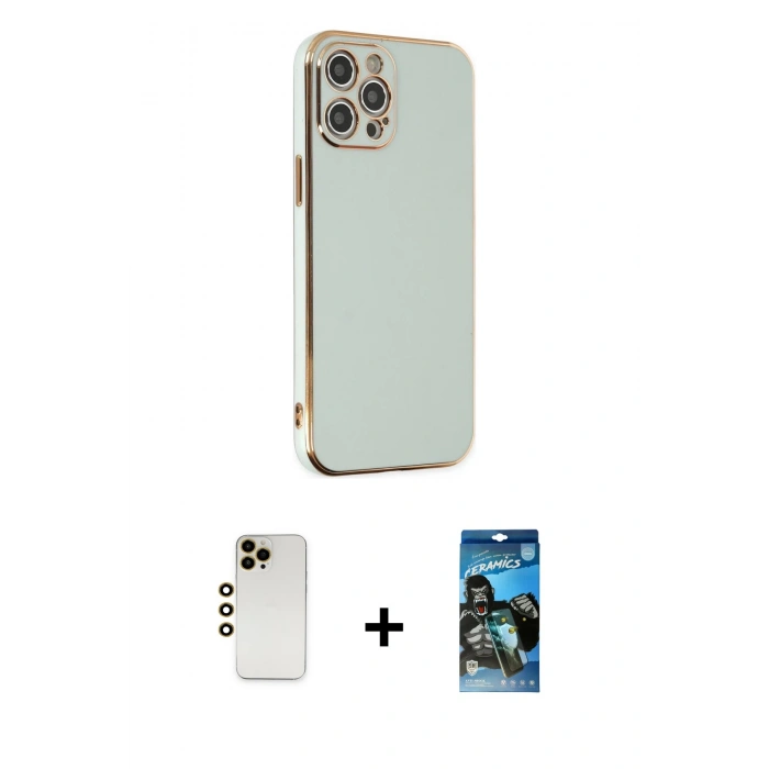 MARSİLYAN™- iPhone 12 Pro Max Kılıf Yankı Serisi - Siyah 34D Izgaralı Cam + Shine Kamera Lens - GD