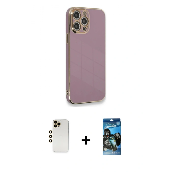 MARSİLYAN™- iPhone 12 Pro Max Kılıf Yankı Serisi - Siyah 34D Izgaralı Cam + Shine Kamera Lens - GD