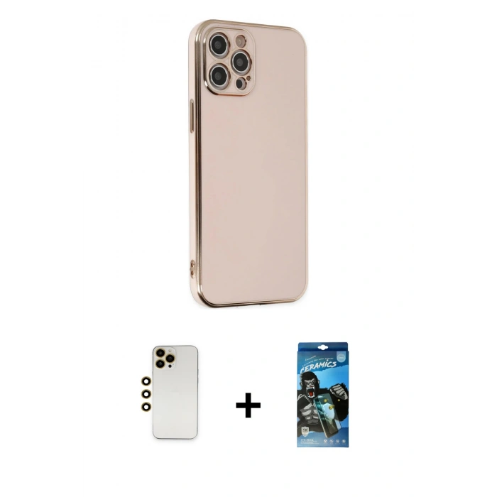 MARSİLYAN™- iPhone 12 Pro Max Kılıf Yankı Serisi - Siyah 34D Izgaralı Cam + Shine Kamera Lens - GD
