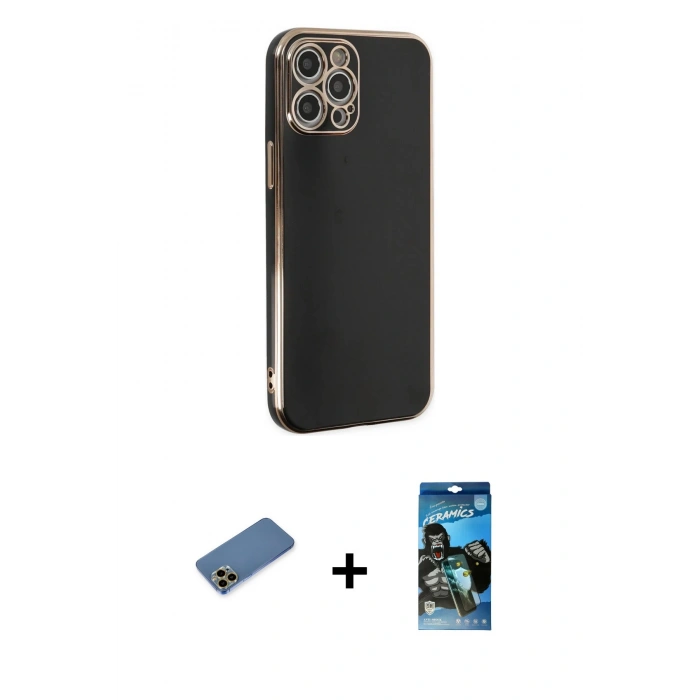 MARSİLYAN™- iPhone 12 Pro Max Kılıf Yankı Serisi - Siyah 34D Izgaralı Cam + Shine Kamera Lens Koruma Cam - GD
