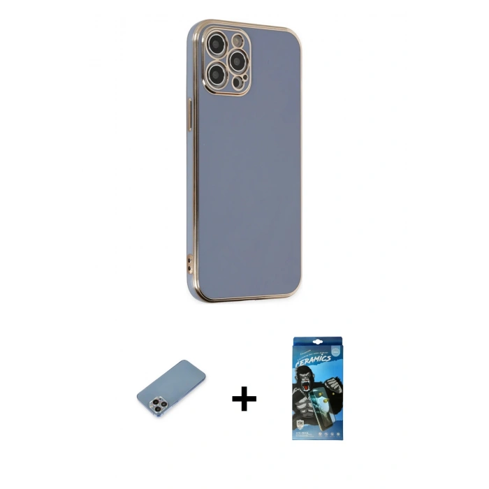 MARSİLYAN™- iPhone 12 Pro Max Kılıf Yankı Serisi - Siyah 34D Izgaralı Cam + Shine Kamera Lens Koruma Cam - GI