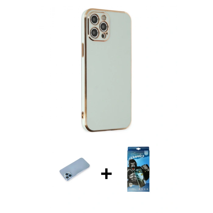 MARSİLYAN™- iPhone 12 Pro Max Kılıf Yankı Serisi - Siyah 34D Izgaralı Cam + Shine Kamera Lens Koruma Cam - MI