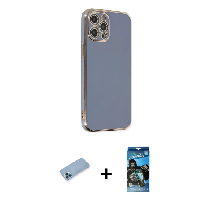 MARSİLYAN™- iPhone 12 Pro Max Kılıf Yankı Serisi - Siyah 34D Izgaralı Cam + Shine Kamera Lens Koruma Cam - MI