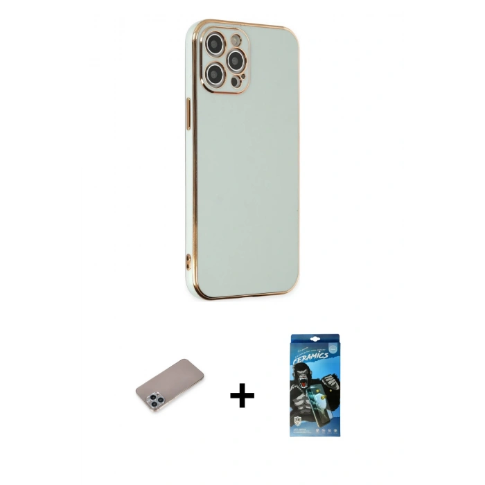 MARSİLYAN™- iPhone 12 Pro Max Kılıf Yankı Serisi - Siyah 34D Izgaralı Cam + Shine Kamera Lens Koruma Cam - SABE