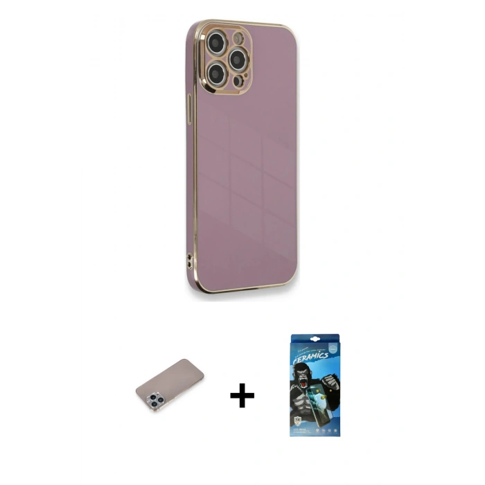 MARSİLYAN™- iPhone 12 Pro Max Kılıf Yankı Serisi - Siyah 34D Izgaralı Cam + Shine Kamera Lens Koruma Cam - SABE