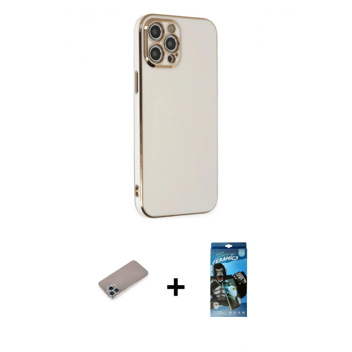 MARSİLYAN™- iPhone 12 Pro Max Kılıf Yankı Serisi - Siyah 34D Izgaralı Cam + Shine Kamera Lens Koruma Cam - SABE