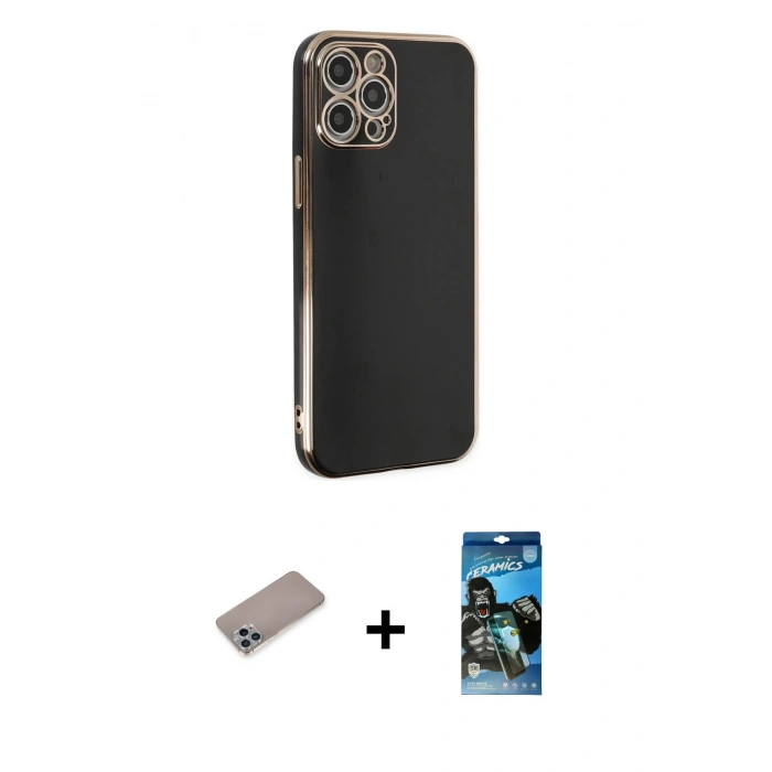 MARSİLYAN™- iPhone 12 Pro Max Kılıf Yankı Serisi - Siyah 34D Izgaralı Cam + Shine Kamera Lens Koruma Cam - SABE