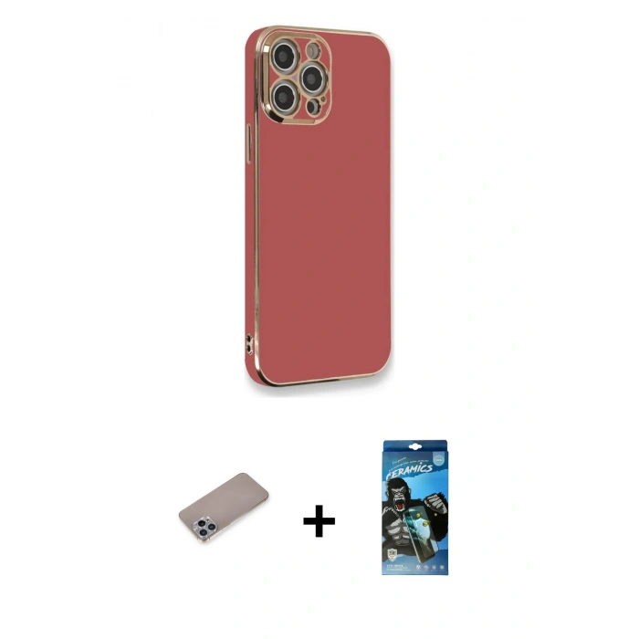 MARSİLYAN™- iPhone 12 Pro Max Kılıf Yankı Serisi - Siyah 34D Izgaralı Cam + Shine Kamera Lens Koruma Cam - SABE