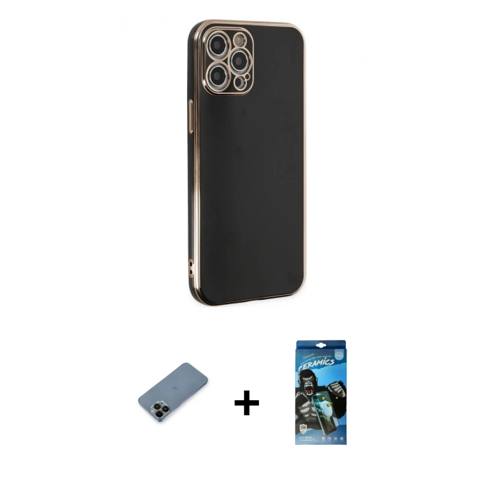 MARSİLYAN™- iPhone 12 Pro Max Kılıf Yankı Serisi - Siyah 34D Izgaralı Cam + Shine Kamera Lens Koruma Cam - SH